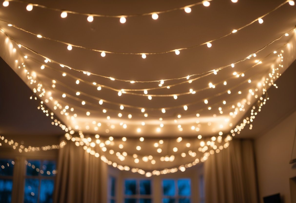 Teto de um ambiente interno com fios de luz de fada pendurados, criando um efeito de céu estrelado e atmosfera aconchegante.