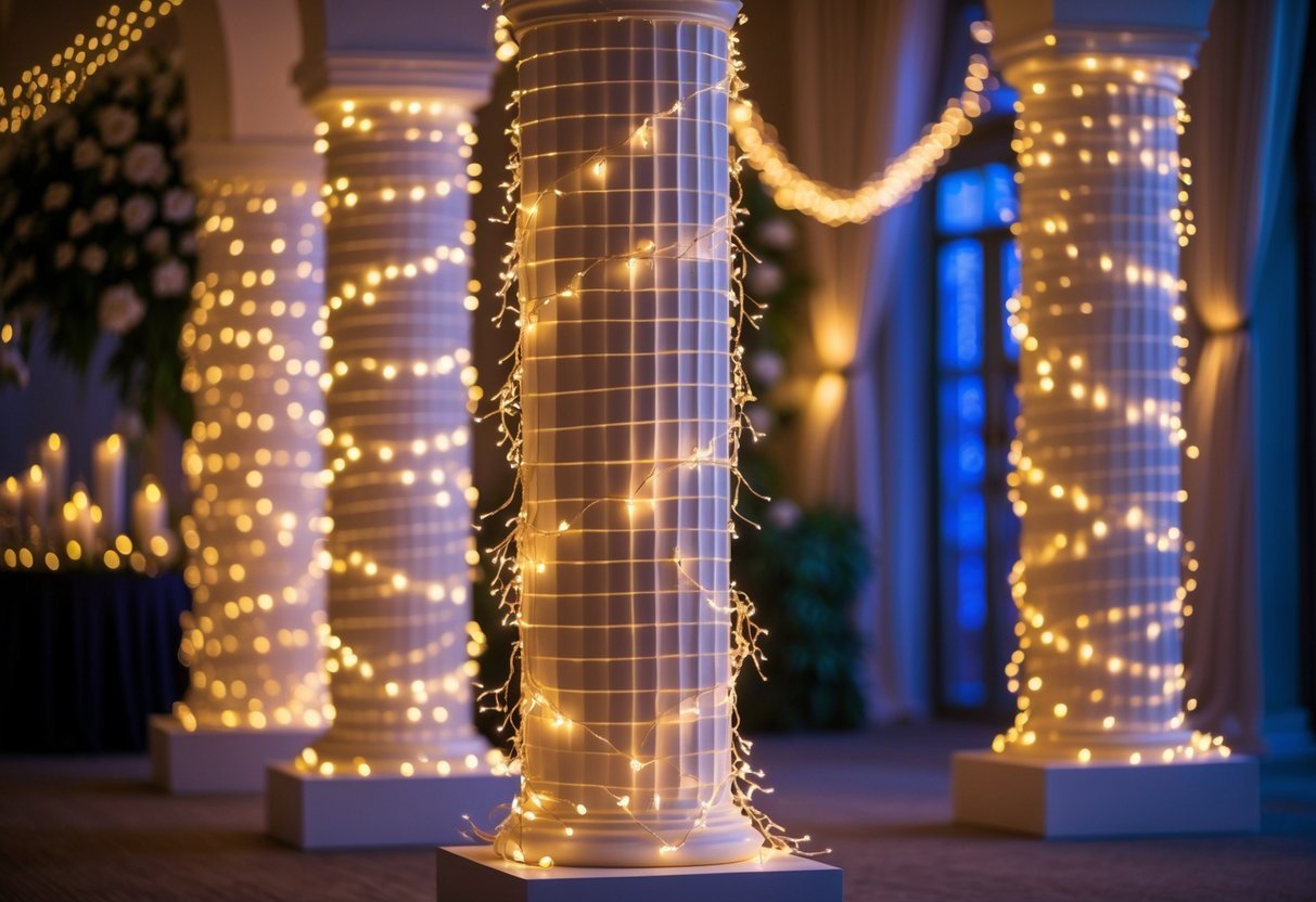 Pilares decorados com fios de luz branca quente em um ambiente interno elegante para festa.