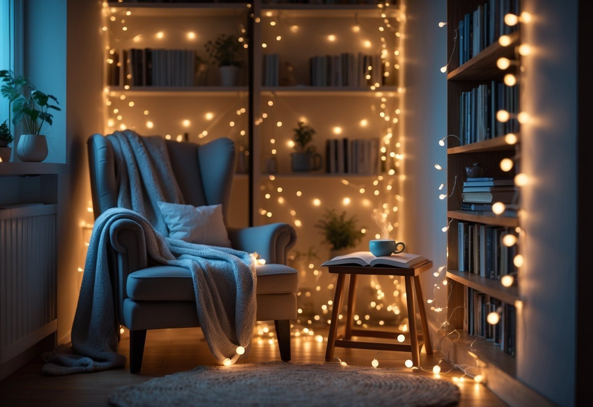 Um canto de leitura aconchegante iluminado por luzes de fada delicadas, com uma poltrona confortável, um livro aberto e uma xícara de chá sobre uma mesa pequena.