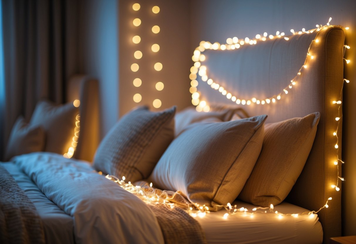 Quarto aconchegante com uma cama de cabeceira decorada com luzes de fada ao redor, criando um ambiente acolhedor e mágico.