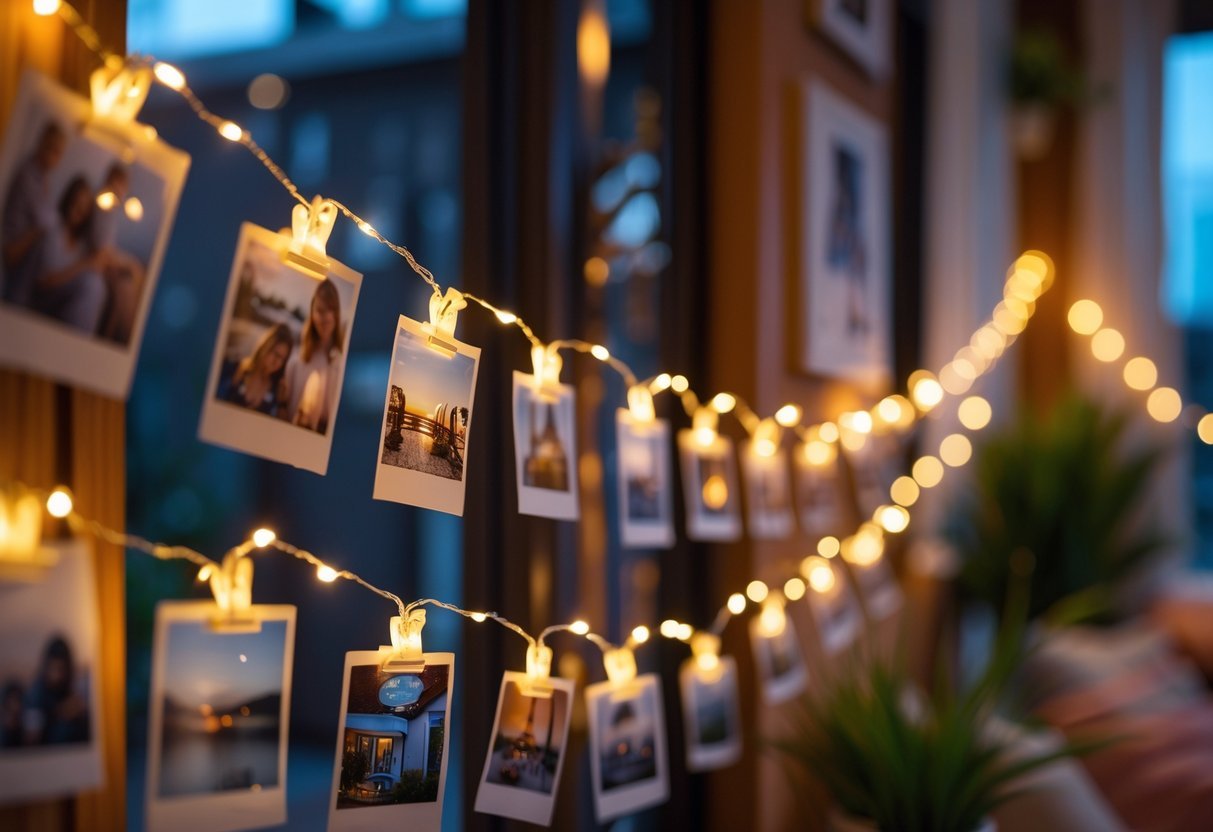 Mural de fotos pendurado com pequenos clipes e luzinhas de fada iluminando suavemente o ambiente aconchegante.