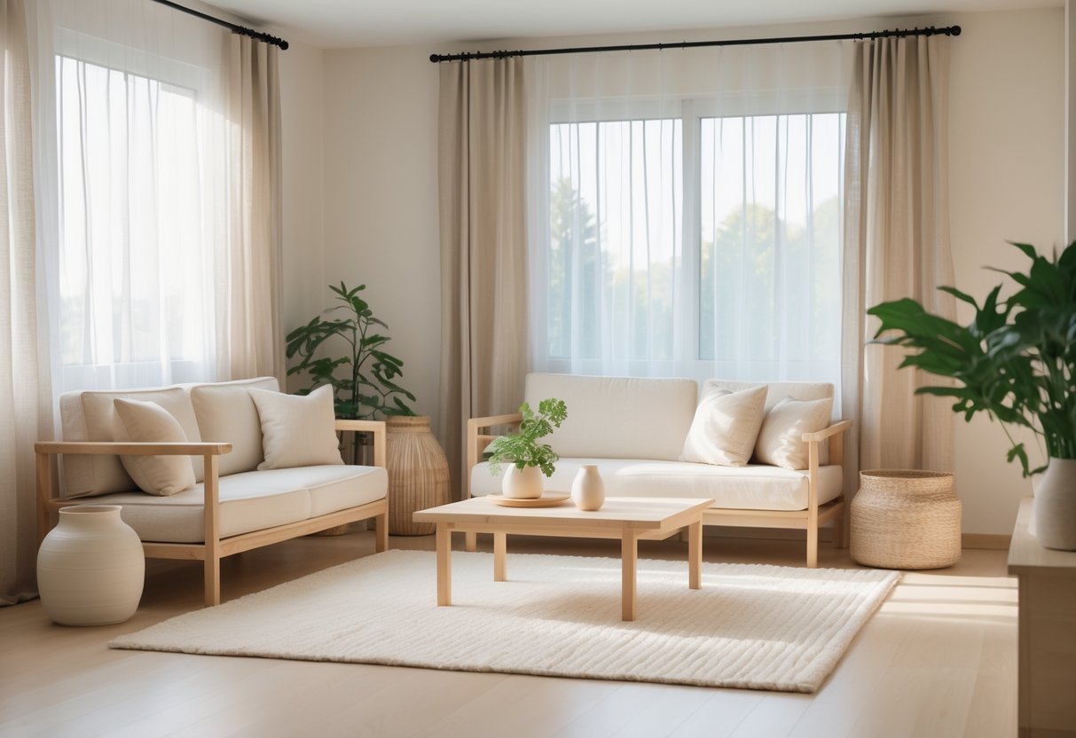 Sala de estar clara e aconchegante com móveis de madeira clara, almofadas bege, plantas e decoração simples em tons de bege e off-white.