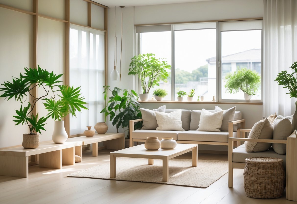 Sala de estar iluminada com móveis de madeira clara, plantas verdes e decoração simples e organizada.