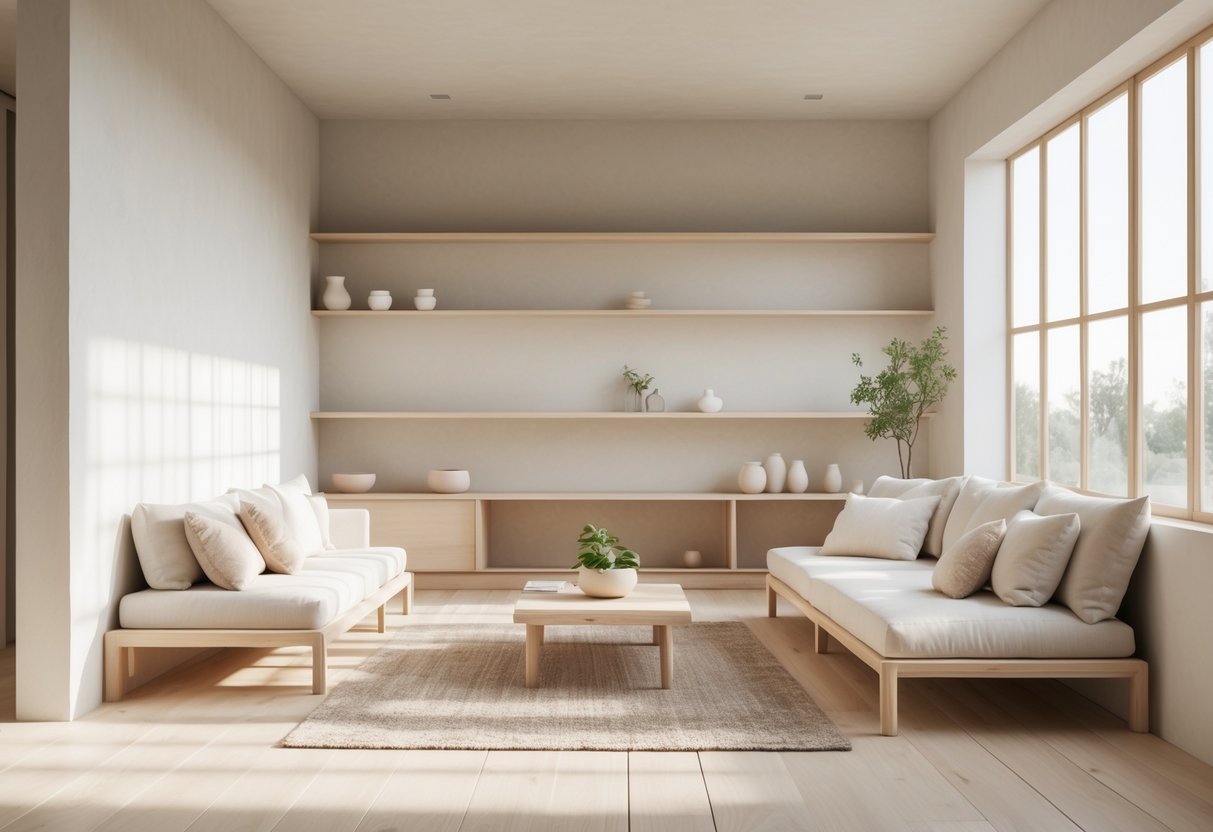 Sala de estar iluminada naturalmente com móveis de madeira clara, plantas e decoração simples, transmitindo uma sensação de paz e simplicidade.