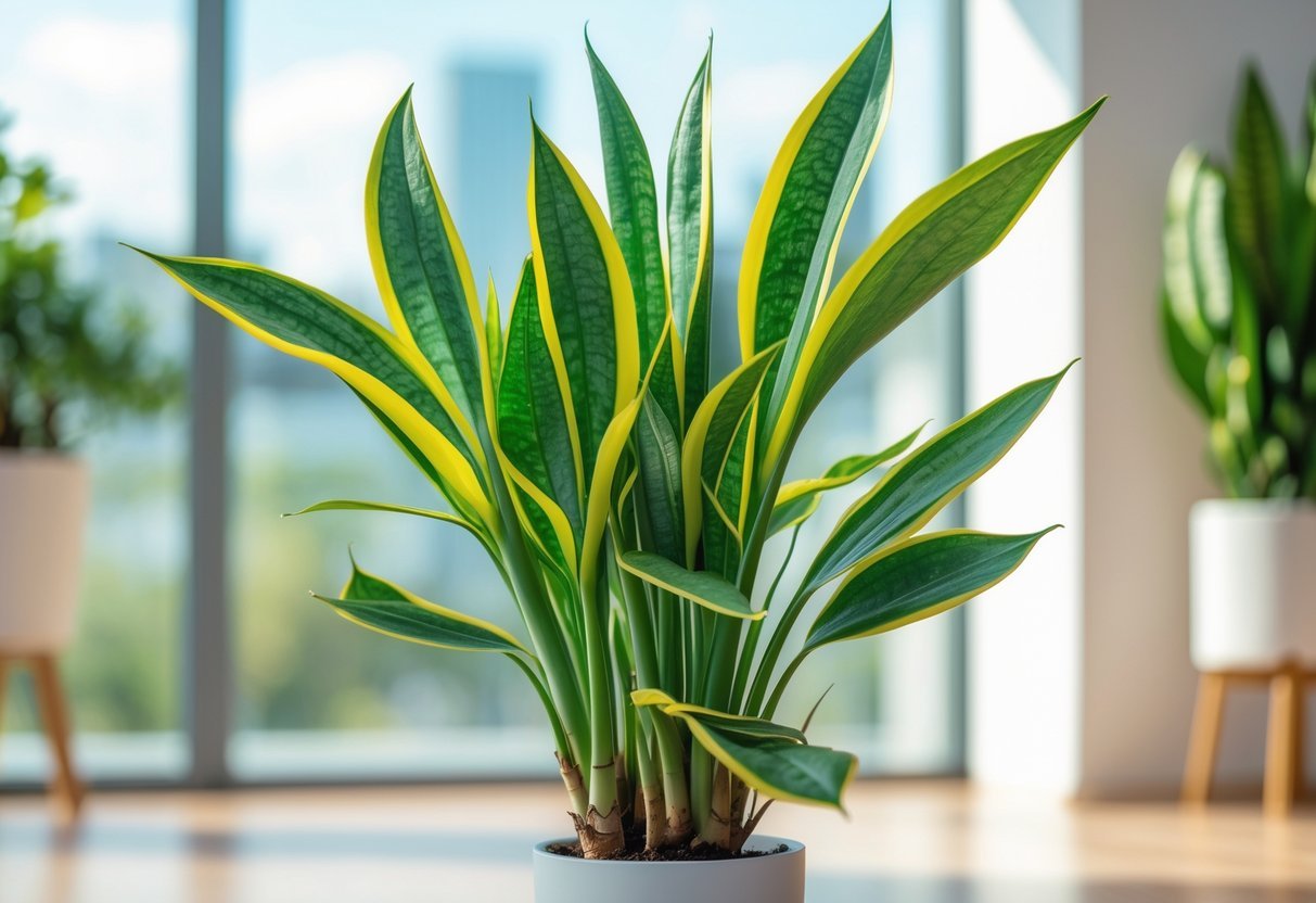 Planta Espada-de-São-Jorge com folhas verdes e amarelas em um ambiente interno iluminado pela luz natural.