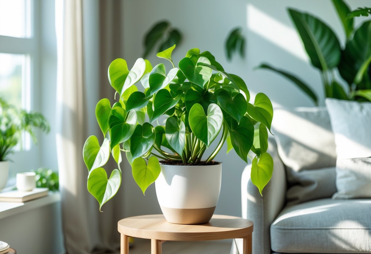 Planta Jiboia saudável em vaso branco dentro de uma sala iluminada com luz natural.