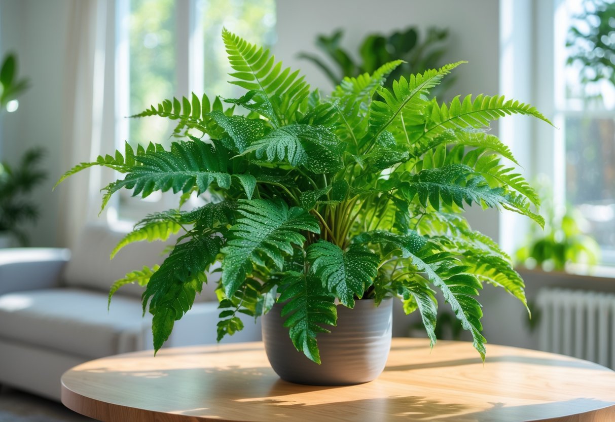 Uma samambaia verde e saudável em um ambiente interno iluminado, destacando a planta em uma mesa perto da janela.