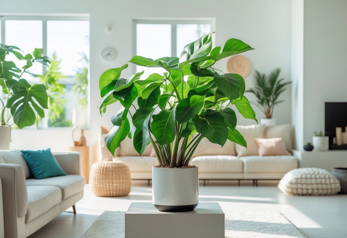Planta Ficus saudável em uma sala de estar moderna e iluminada, destacando sua função de purificar o ar.