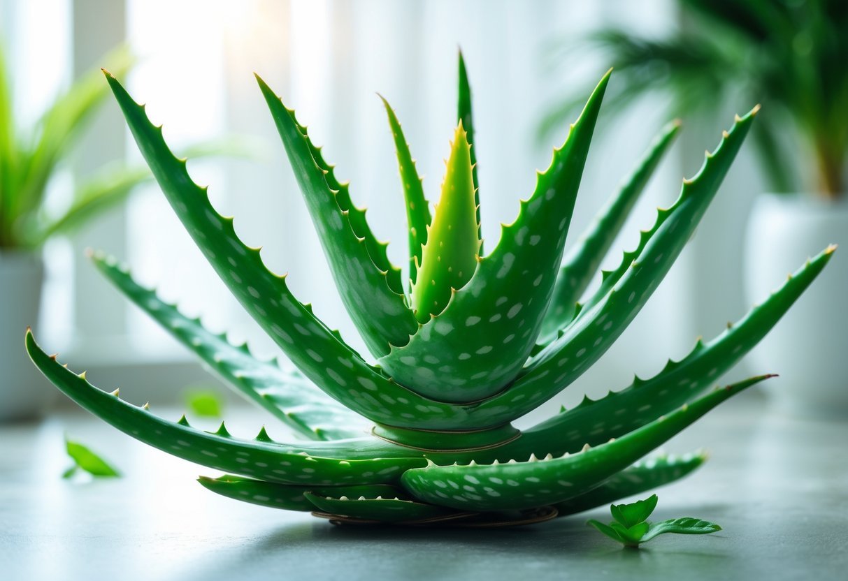Planta de babosa (Aloe vera) com folhas verdes e carnudas em ambiente interno iluminado por luz natural.
