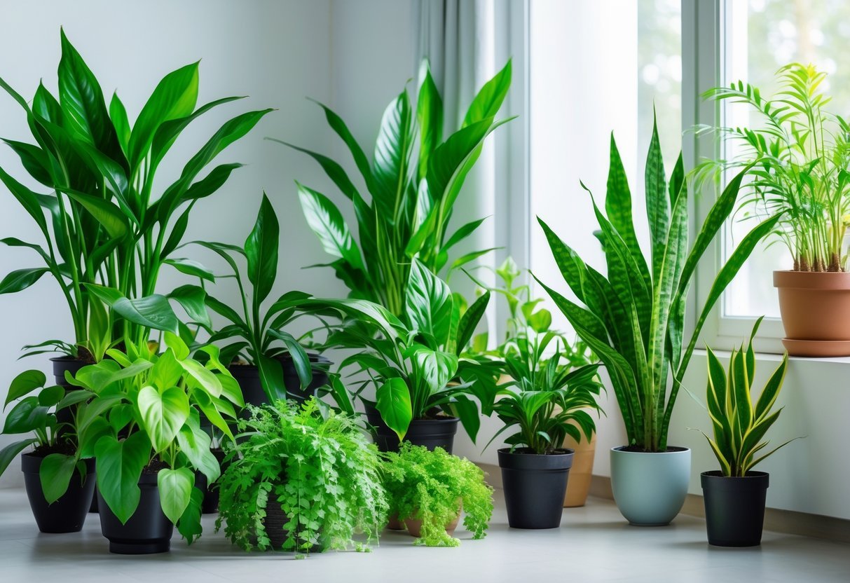 Várias plantas verdes saudáveis em um ambiente interno iluminado por luz natural, mostrando folhas vibrantes e frescas.