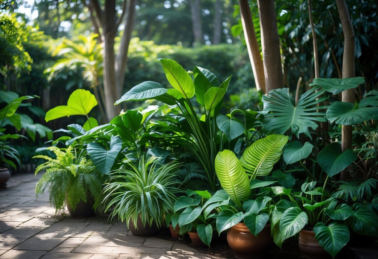 Plantas de sombra variadas em um jardim sombreado com folhas verdes exuberantes e ambiente tranquilo.