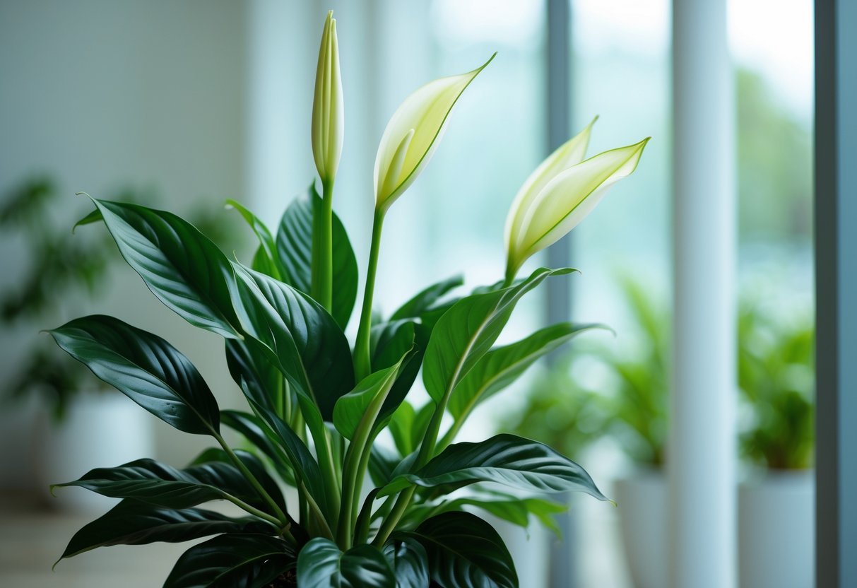 Planta de Lírio-da-paz com folhas verdes escuras e flores brancas em ambiente sombreado.