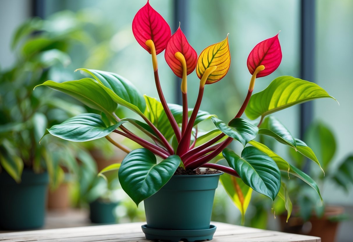 Planta de antúrio com folhas verdes e flores vermelhas em ambiente sombreado.