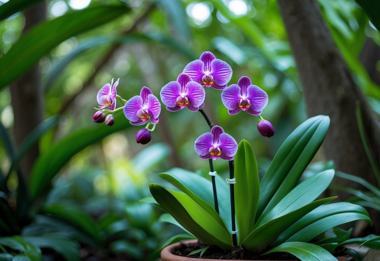 Orquídea colorida crescendo em um ambiente sombreado com folhagem verde ao redor.