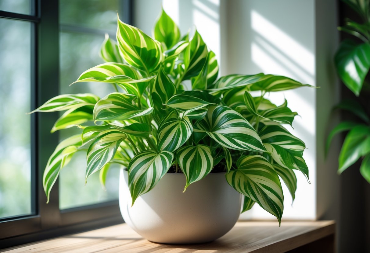 Planta de Clorofito verde em vaso sobre superfície de madeira em ambiente interno com iluminação suave.