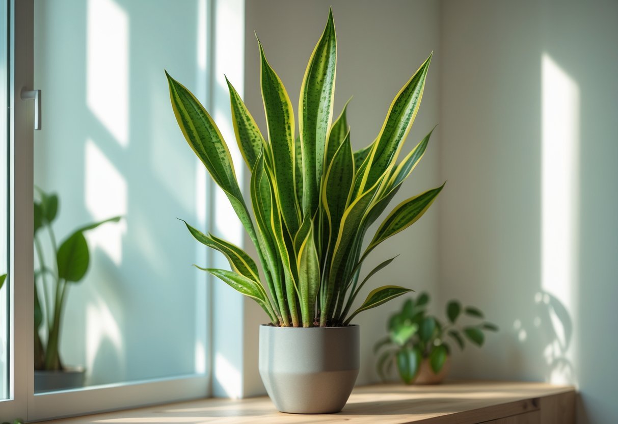 Planta Espada-de-São-Jorge com folhas verdes e amarelas, em vaso sobre superfície de madeira, em ambiente interno com luz suave e sombra.