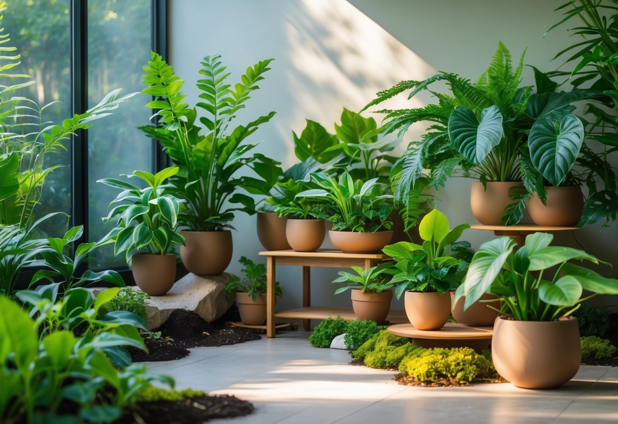 Várias plantas de sombra saudáveis em vasos, dispostas em um ambiente interno com luz natural suave e difusa.