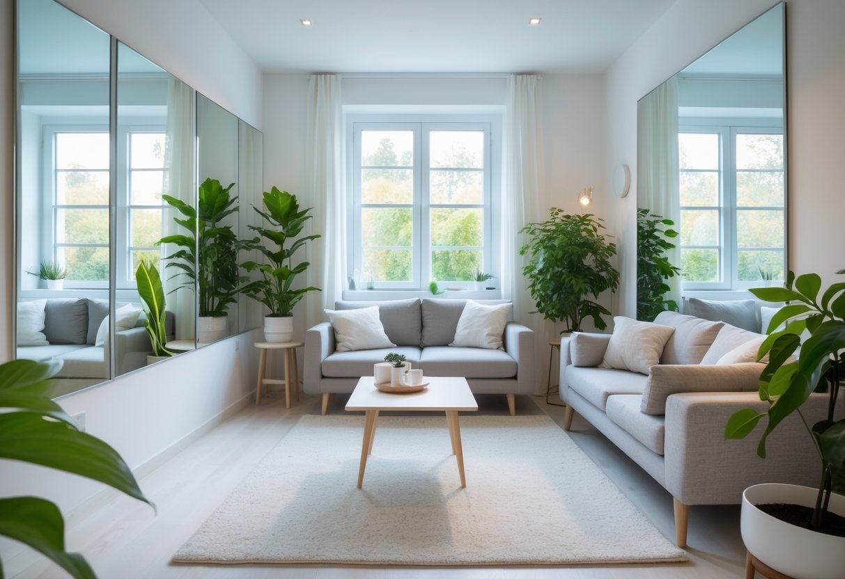 Sala pequena com sofá, mesa de centro, espelhos nas paredes refletindo luz natural e plantas decorativas.