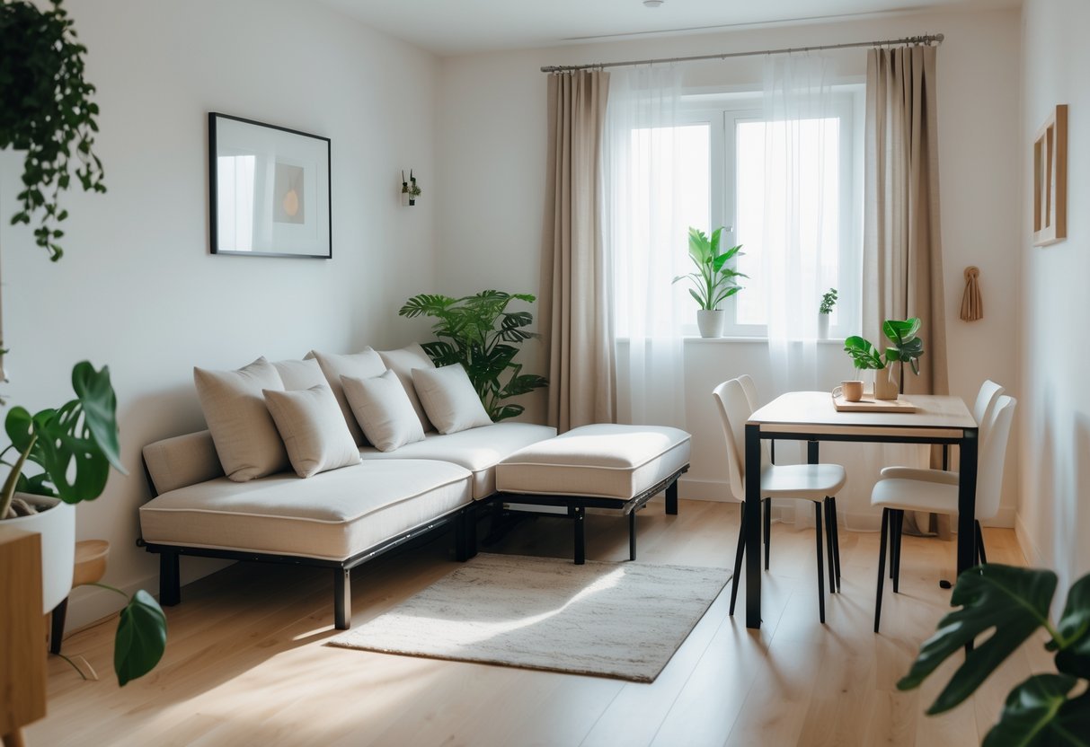 Sala pequena com sofá-cama e mesa dobrável, decorada com plantas e luz natural.