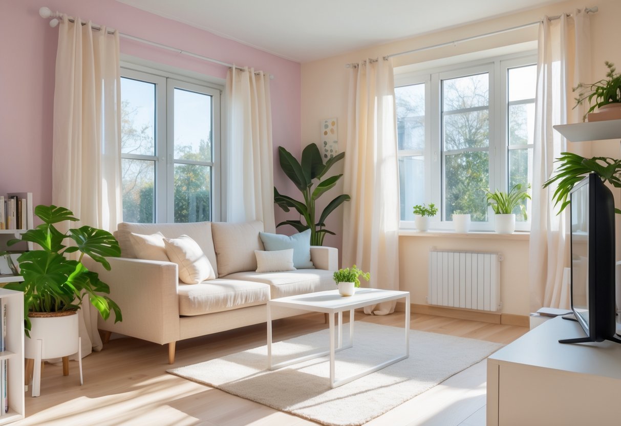 Sala pequena iluminada com móveis claros, sofá bege, plantas e janelas grandes que deixam entrar luz natural.