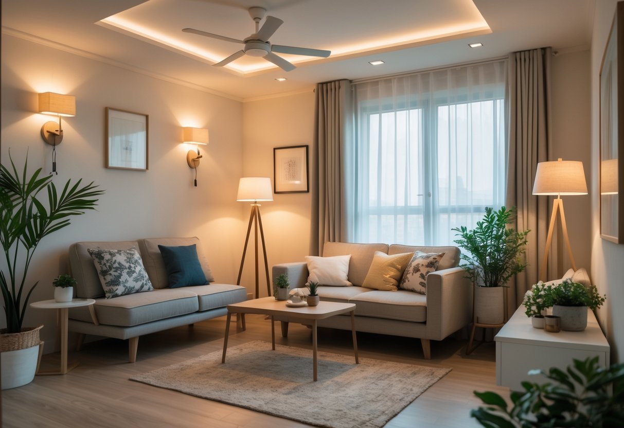 Sala pequena decorada com iluminação em diferentes pontos, sofá compacto, mesa de centro e plantas.