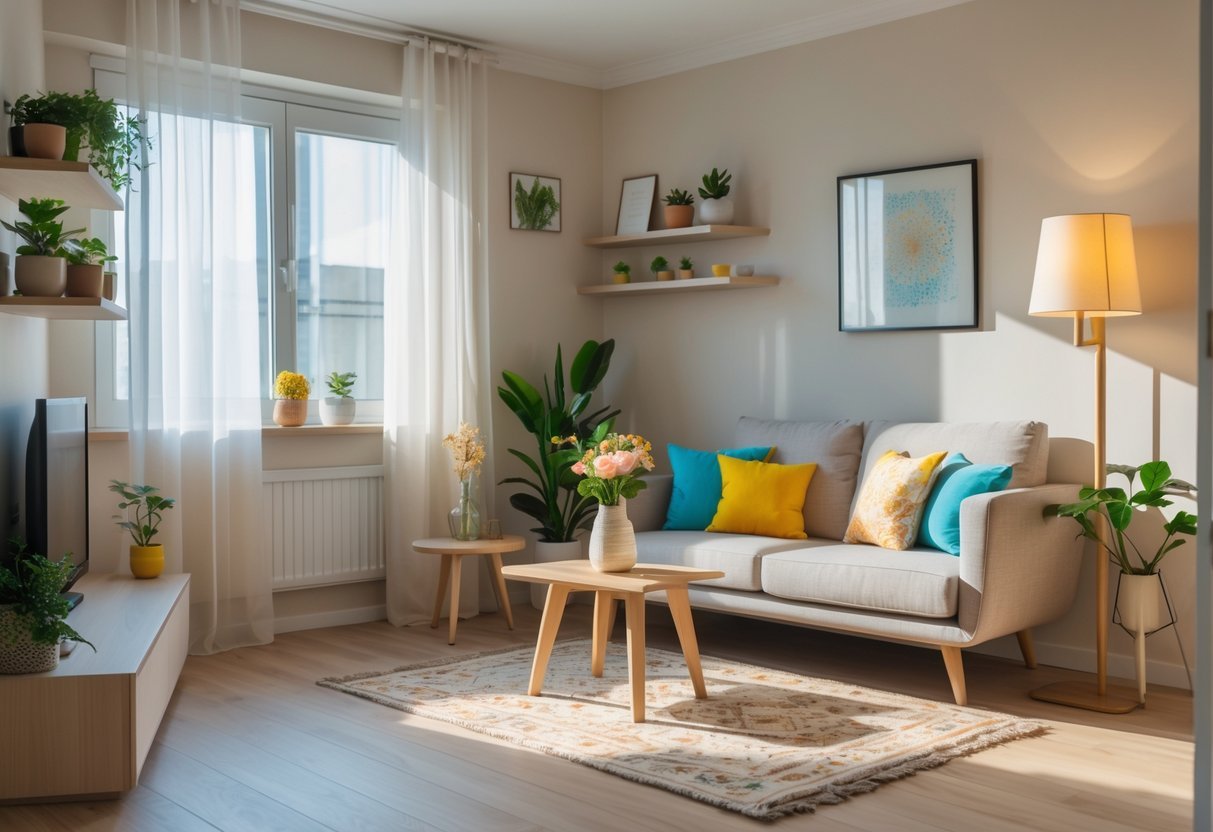 Sala pequena decorada com sofá compacto, mesa de centro pequena, prateleiras com plantas e iluminação natural.