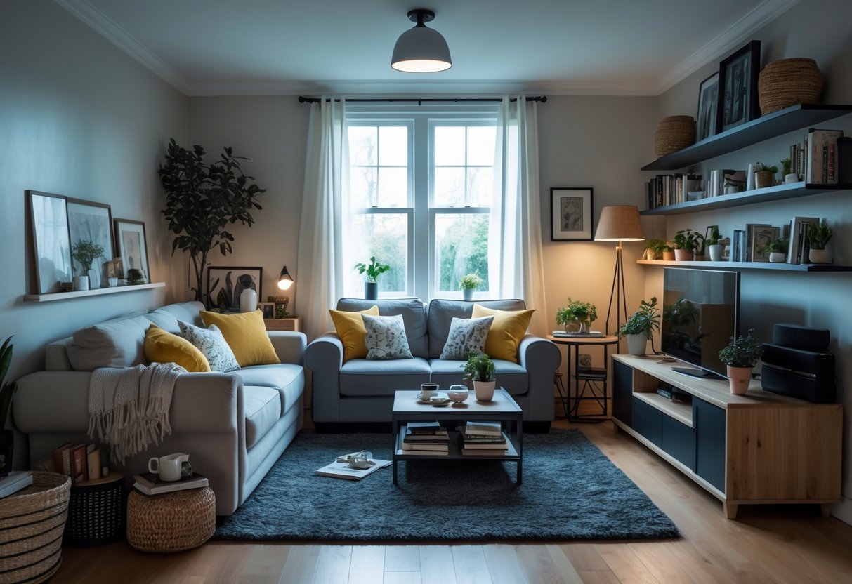 Sala pequena com móveis grandes demais, decoração excessiva e iluminação fraca, mostrando erros comuns na decoração.