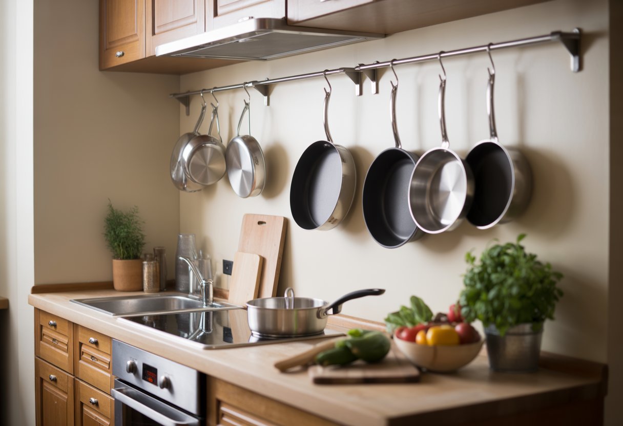 Cozinha pequena organizada com suportes de parede instalados para panelas e frigideiras penduradas acima da bancada.