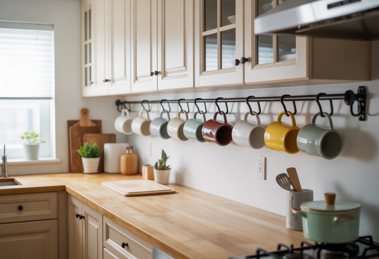 Cozinha pequena organizada com canecas penduradas em ganchos sob os armários.