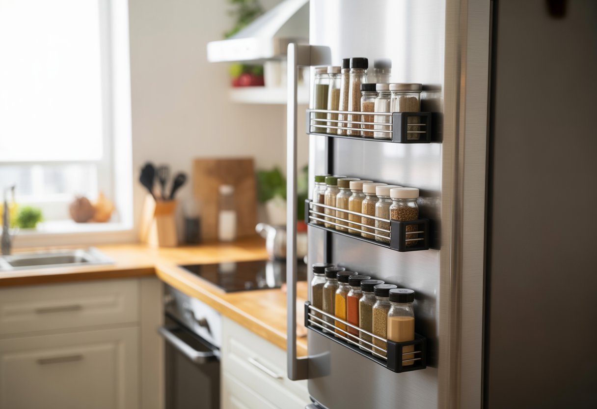 Cozinha pequena organizada com porta-temperos magnéticos presos à porta da geladeira, mostrando economia de espaço.