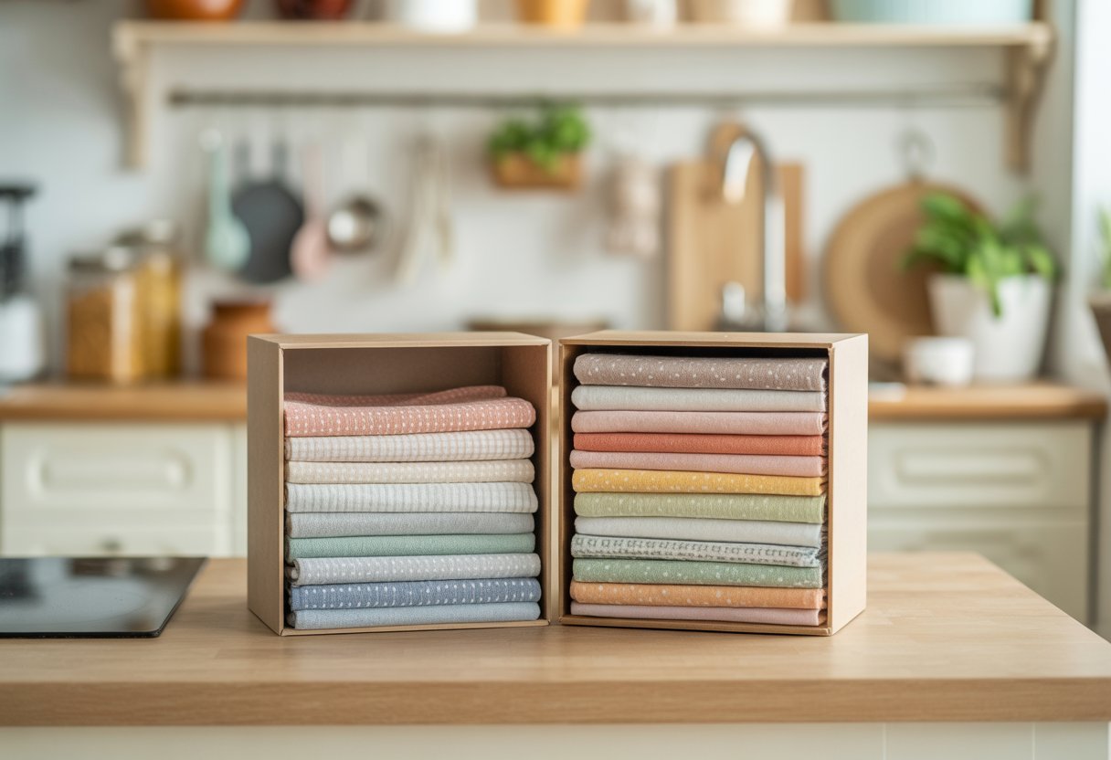 Caixas pequenas com panos de prato dobrados e organizados em uma cozinha pequena e arrumada.