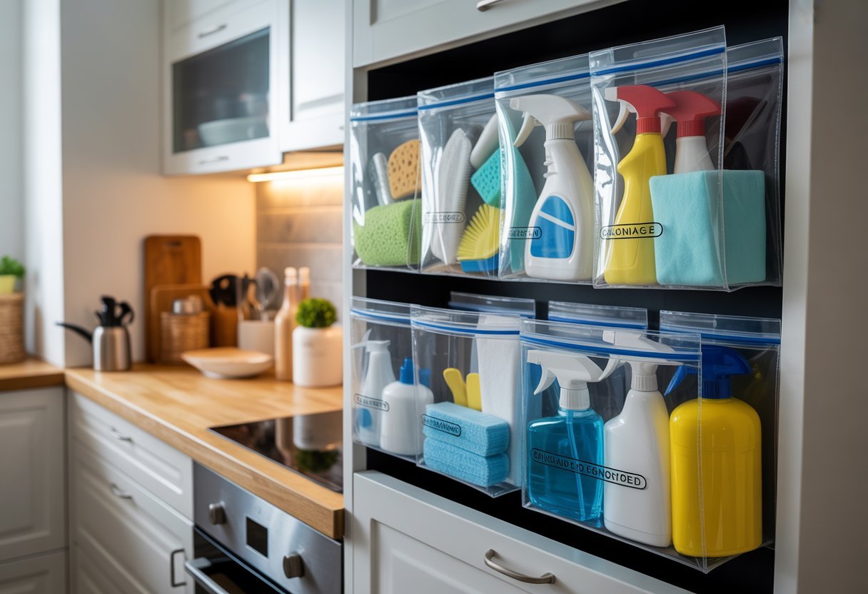 Cozinha pequena organizada com bolsas transparentes contendo produtos de limpeza dentro de um armário.