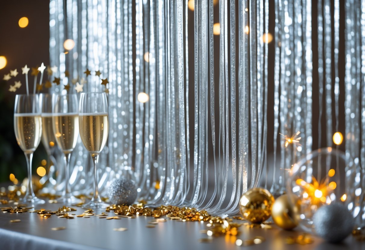 Mesa decorada para Ano Novo com cortina metalizada prateada ao fundo e elementos festivos sobre a mesa.