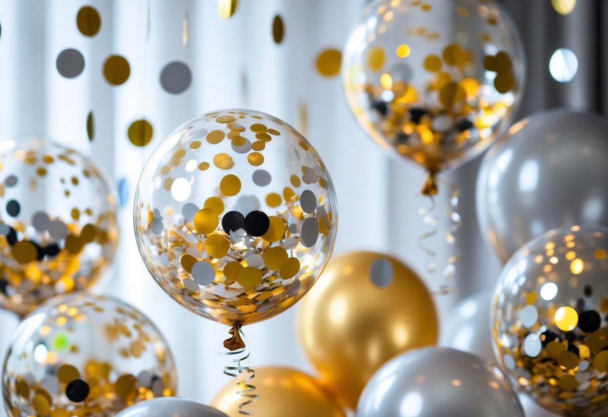 Balões transparentes cheios de confete colorido usados como decoração para o Ano Novo.