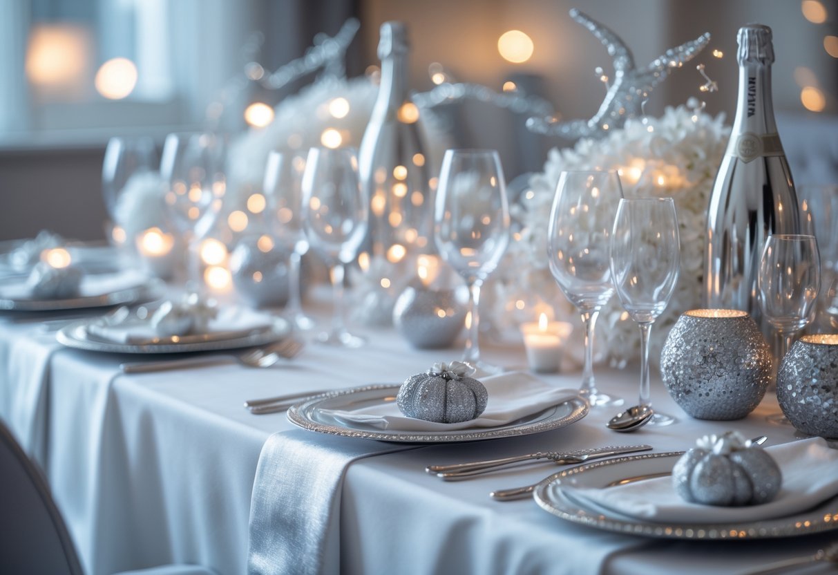 Mesa de jantar decorada para o Ano Novo com toalhas brancas e detalhes prateados, incluindo taças e enfeites.