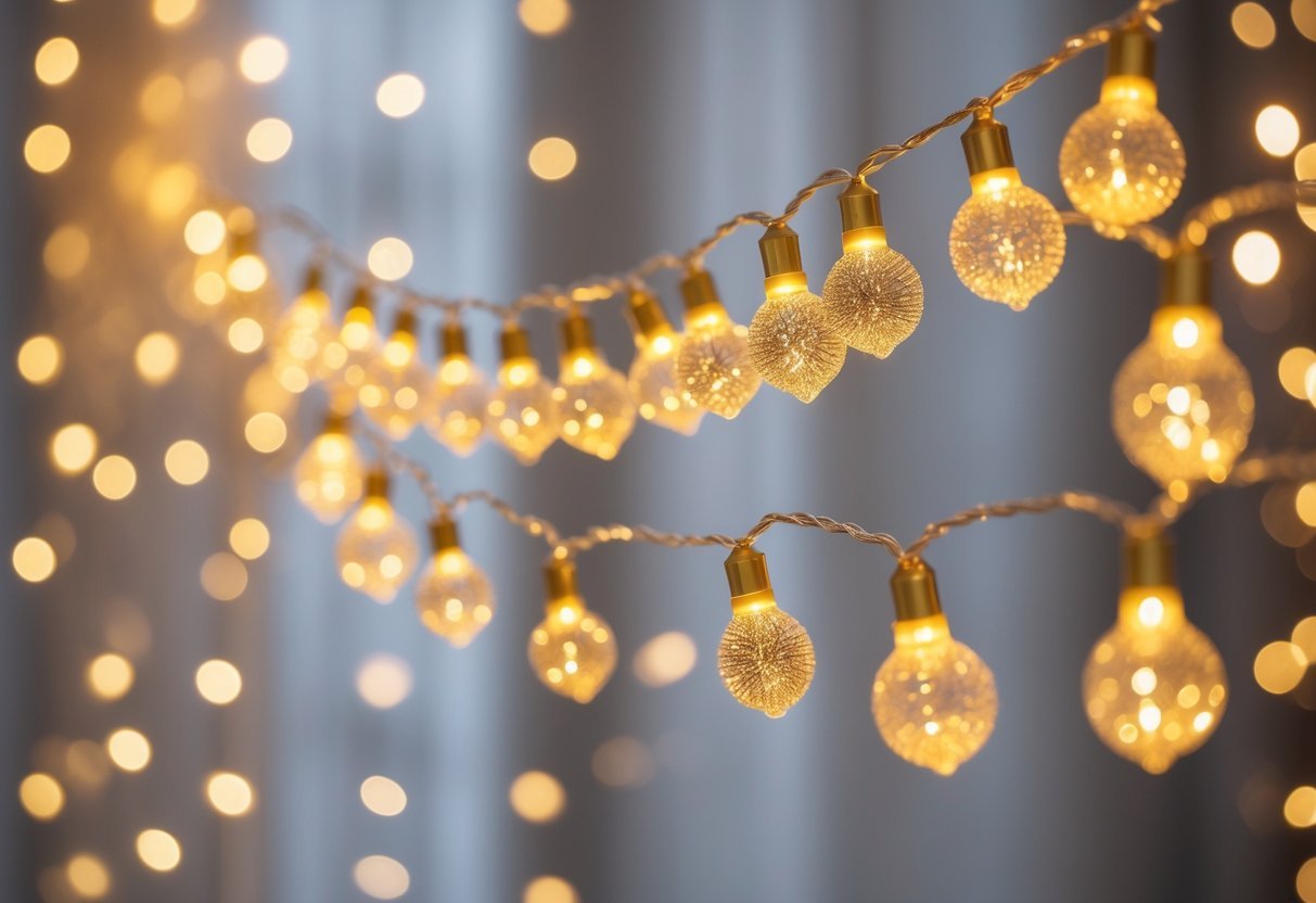Guirlanda de luzes LED douradas acesas, criando uma atmosfera festiva para decoração de Ano Novo.