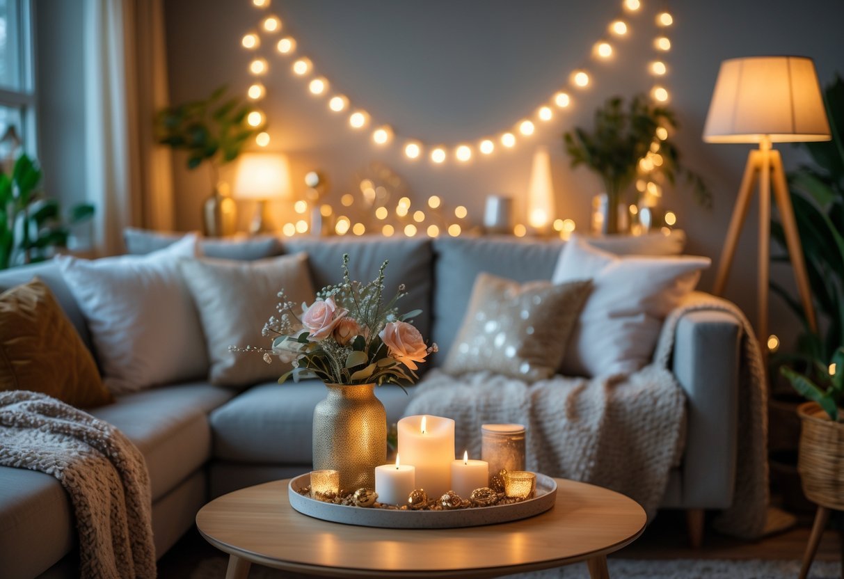 Sala de estar acolhedora decorada para o Ano Novo com luzes suaves, almofadas confortáveis e detalhes festivos.