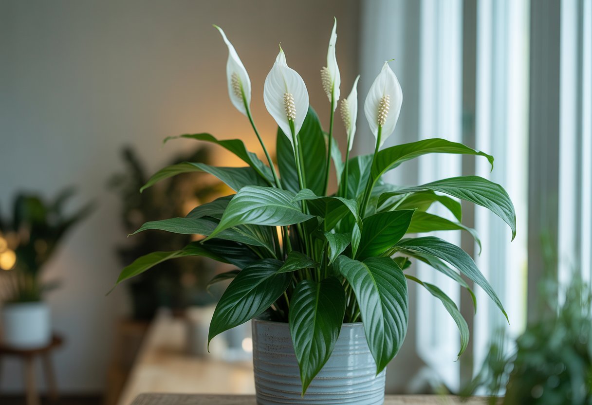 Planta Lírio-da-paz saudável em vaso sobre uma superfície de madeira perto de uma janela iluminada, em um ambiente interno aconchegante.