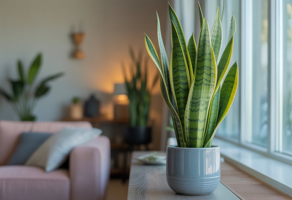 Planta Espada-de-são-jorge em vaso dentro de uma sala iluminada por luz natural.