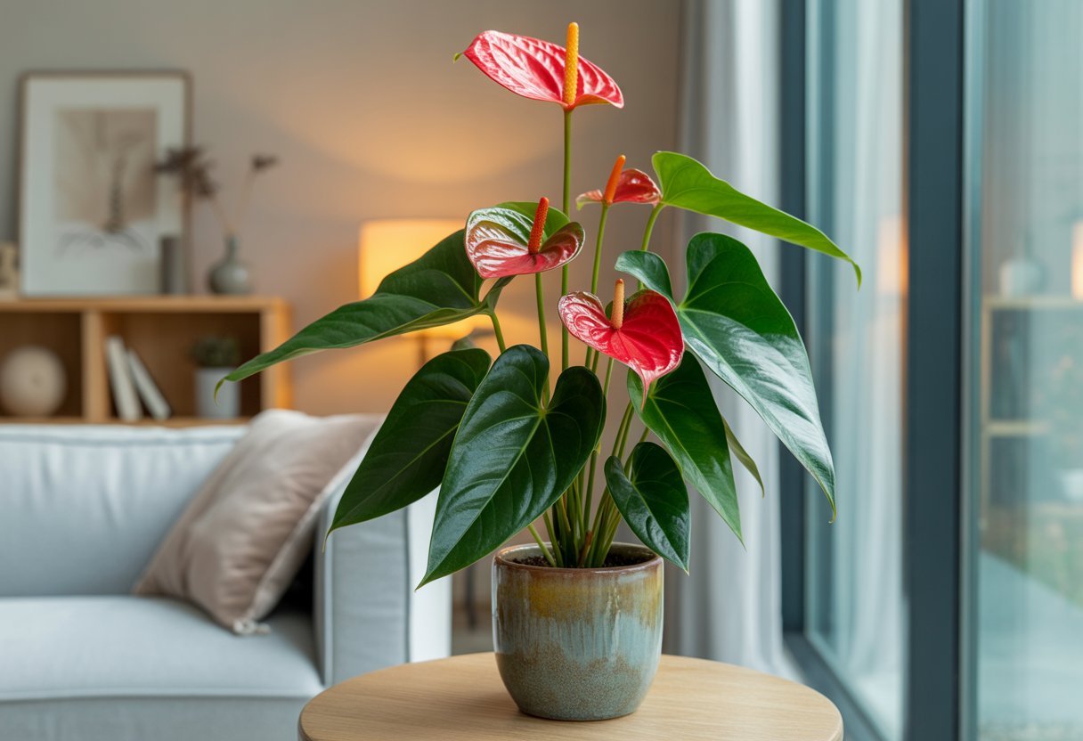 Planta de antúrio saudável em vaso dentro de uma sala de estar iluminada com decoração moderna.