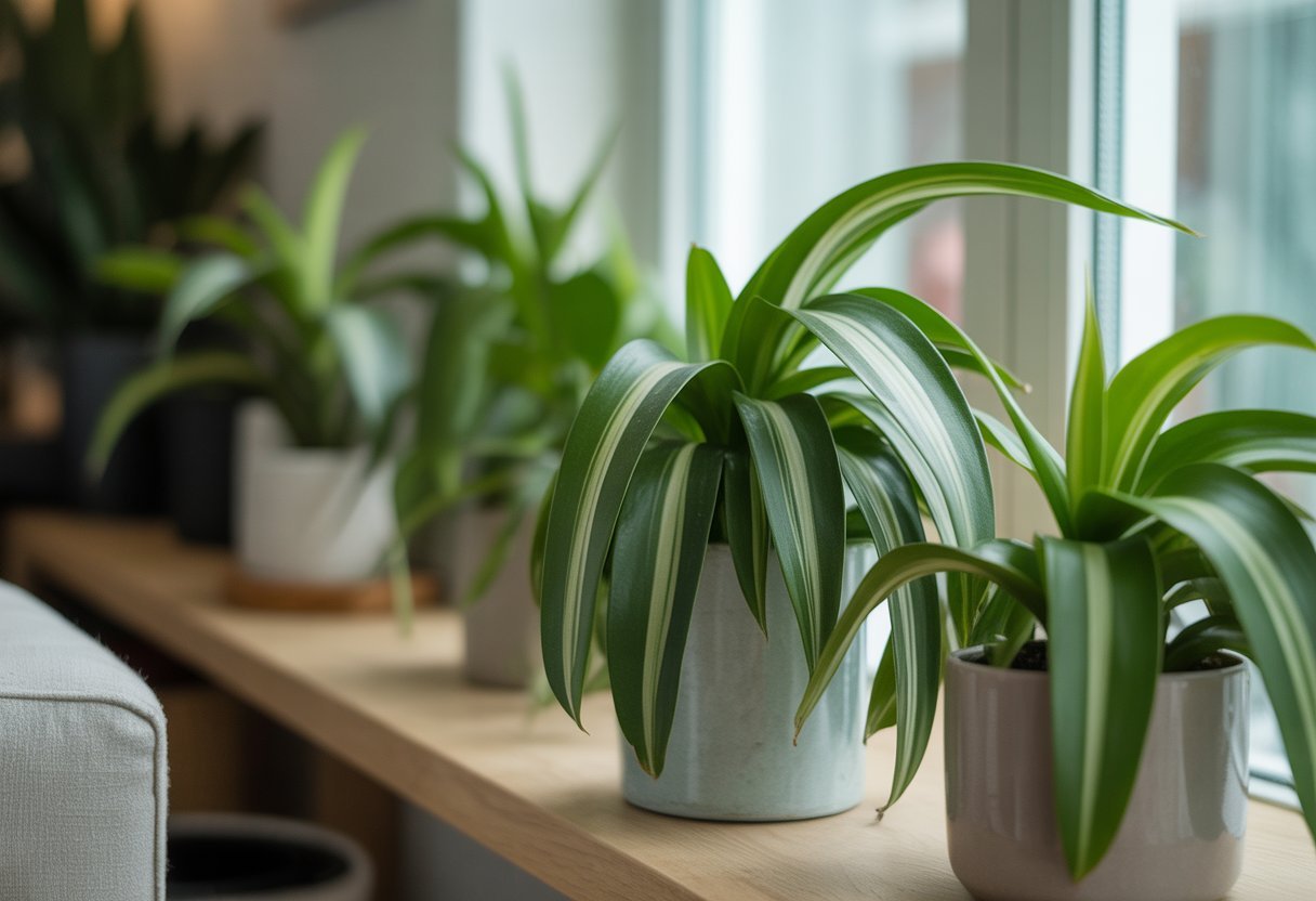 Várias plantas de Clorofito saudáveis em vasos dentro de uma sala iluminada com luz natural, em um ambiente acolhedor e moderno.