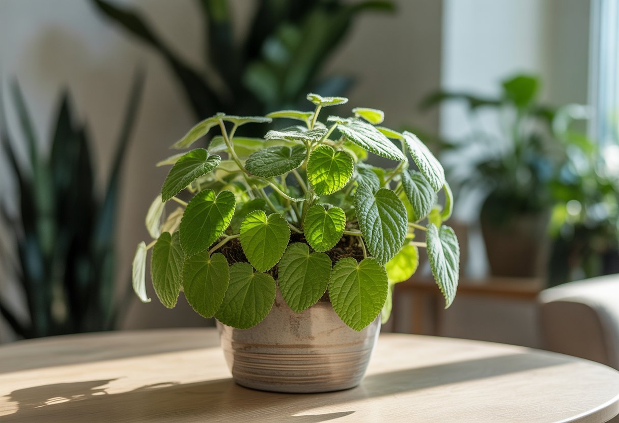 Planta Coentro-de-jardim em vaso dentro de um ambiente interno iluminado por luz natural.