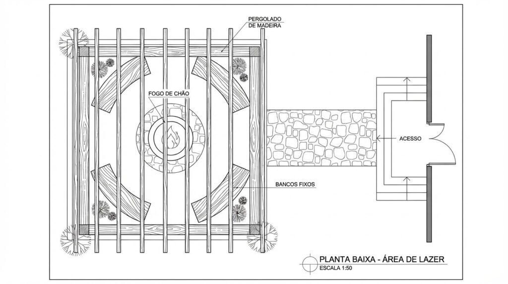 projeto de área de lazer com pergolado rústico
