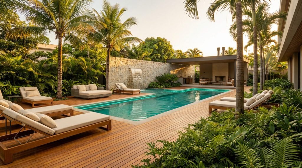 Área de lazer com piscina de alvenaria e paisagismo