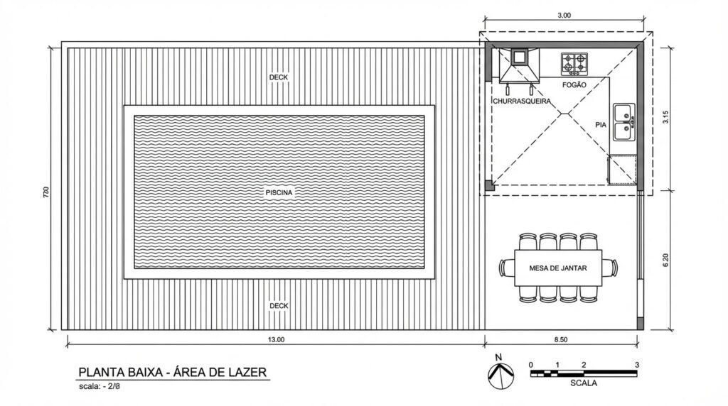 Área de lazer com piscina de alvenaria e paisagismo