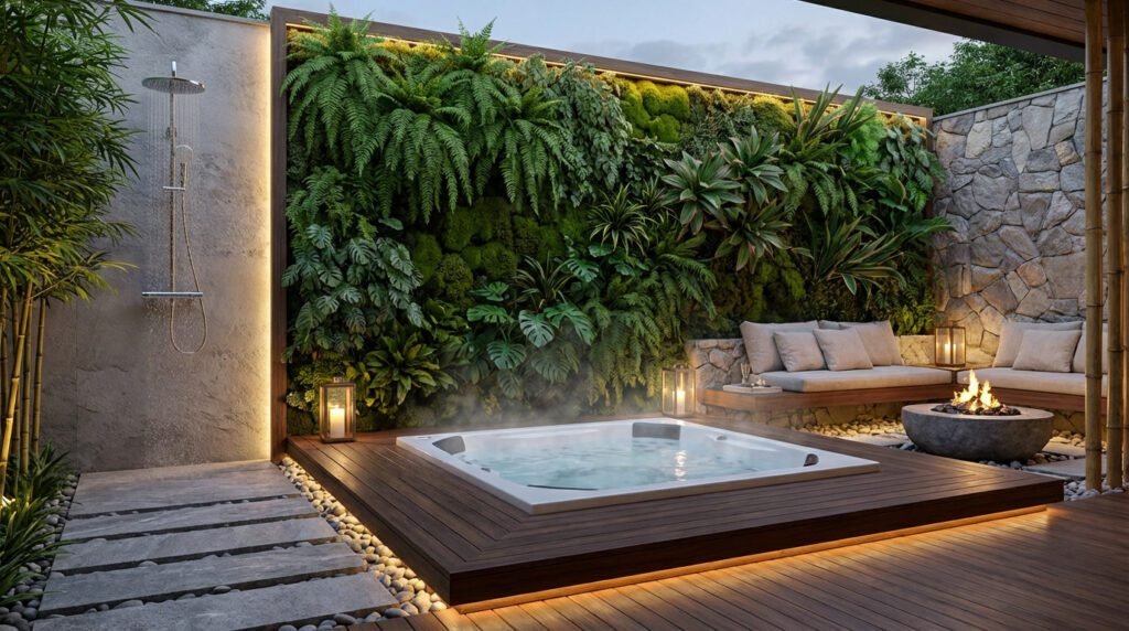 decoração de área de lazer com jacuzzi e jardim vertical