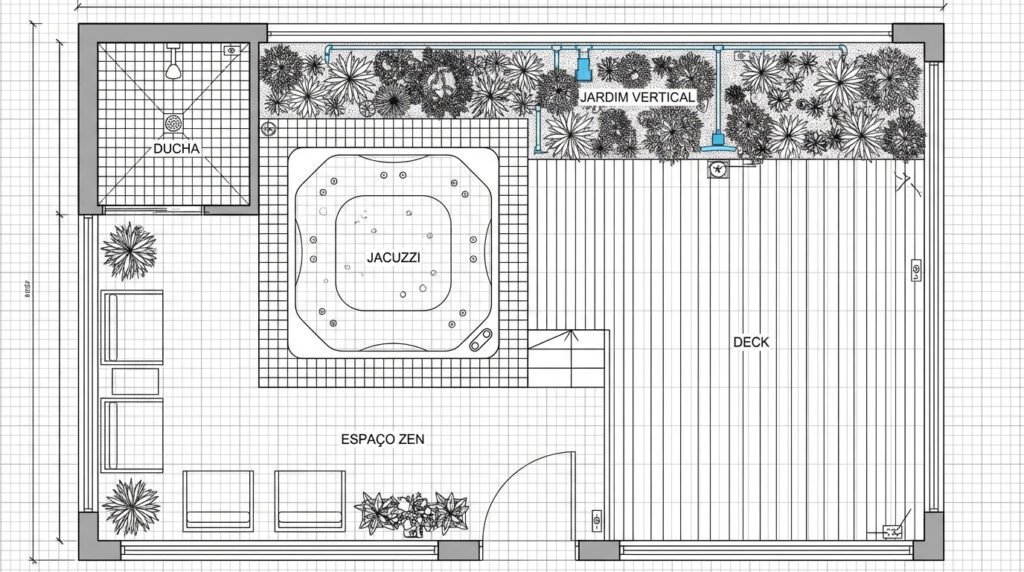 decoração de área de lazer com jacuzzi e jardim vertical - planta