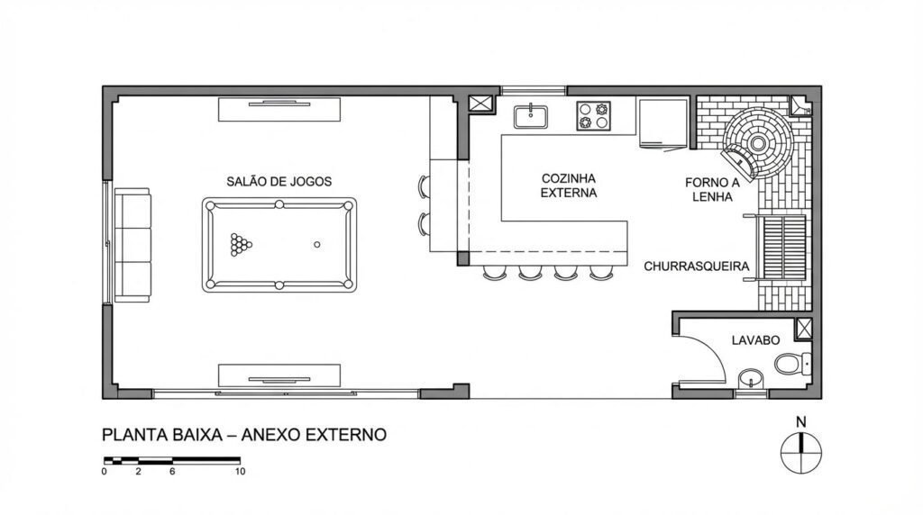 área gourmet com edícula e salão de jogos -  planta