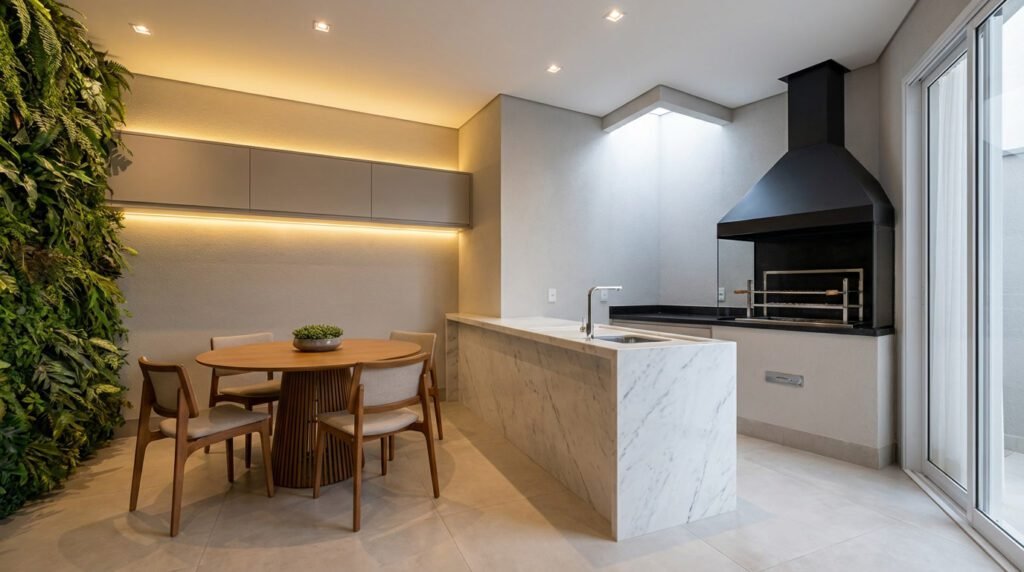 idéias para área de lazer: 1. Espaço Gourmet compacto com churrasqueira e ilha