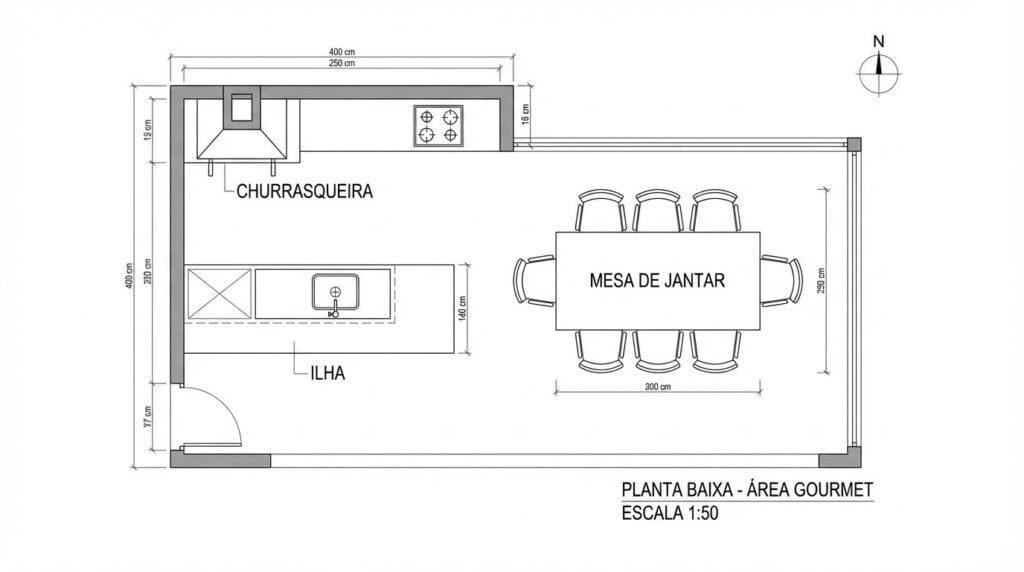 planta Espaço Gourmet compacto com churrasqueira e ilha